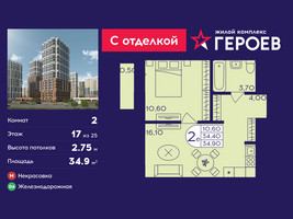 Планировка двухкомнатной(квартира) площадью 34.9 квадратных метров в “ЖК Героев”