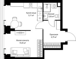 Планировка однокомнатной(квартира) площадью 34.77 квадратных метров в “Мультиквартал СИТИДЗЕН”