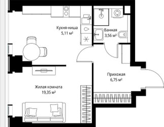 Планировка однокомнатной(квартира) площадью 34.77 квадратных метров в ЖК “Мультиквартал СИТИДЗЕН”