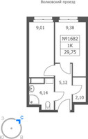 Планировка однокомнатной(апартаменты) площадью 29.75 квадратных метров в “ЖК Волковская 67”