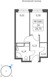 Планировка однокомнатной(апартаменты) площадью 29.75 квадратных метров в ЖК “ЖК Волковская 67”