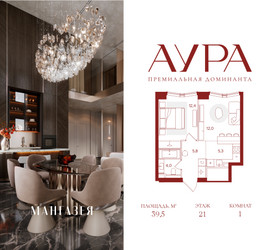 Планировка однокомнатной(квартира) площадью 39.5 квадратных метров в ЖК “ЖК АУРА”