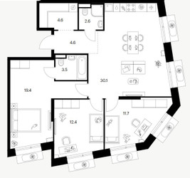 Планировка трехкомнатной(квартира) площадью 88.9 квадратных метров в ЖК “ЖК Саларьево парк”