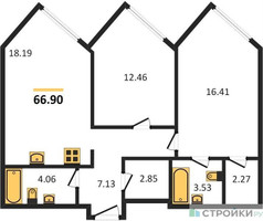 Планировка двухкомнатной(квартира) площадью 66.9 квадратных метров в “ЖК Резиденция Сокольники”