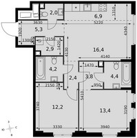 Планировка трехкомнатной(квартира) площадью 73.9 квадратных метров в “ЖК Сидней Сити”