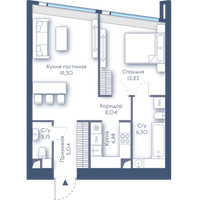 Планировка однокомнатной(квартира) площадью 52.94 квадратных метров в “ЖК Дом Дау”