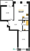 Планировка двухкомнатной(квартира) площадью 56.87 квадратных метров в “ЖК ВОСТОК II”