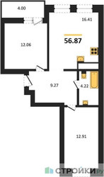 Планировка двухкомнатной(квартира) площадью 56.87 квадратных метров в ЖК “ЖК ВОСТОК II”