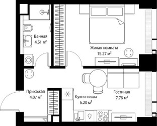 Планировка однокомнатной(квартира) площадью 36.91 квадратных метров в ЖК “ЖК Веер”