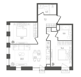Планировка двухкомнатной(квартира) площадью 63.8 квадратных метров в ЖК “ЖК Pave (Пэйв)”