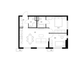 Планировка двухкомнатной(квартира) площадью 56.4 квадратных метров в ЖК “ЖК Яуза Парк (Мытищи)”