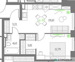 Планировка однокомнатной(квартира) площадью 44.09 квадратных метров в “ЖК Upside Towers (Апсайд Тауэрс)”