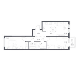 Планировка двухкомнатной(квартира) площадью 60.6 квадратных метров в ЖК “ЖК Пригород Лесное”
