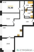 Планировка трехкомнатной(квартира) площадью 73.3 квадратных метров в “ЖК Бестселлер”