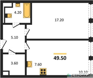 Планировка однокомнатной(квартира) площадью 49.5 квадратных метров в ЖК “ЖК STONE Sokolniki (Сокольники)”