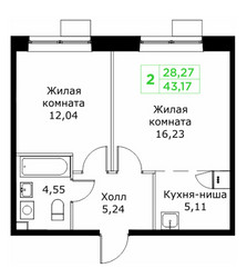 Планировка двухкомнатной(квартира) площадью 43.17 квадратных метров в ЖК “ЖК КИТ 2”