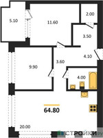 Планировка двухкомнатной(квартира) площадью 64.8 квадратных метров в “ЖК Дом А”