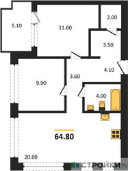 Планировка двухкомнатной(квартира) площадью 64.8 квадратных метров в ЖК “ЖК Дом А”