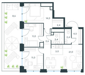 Планировка 4+ комнатной(квартира) площадью 83.4 квадратных метров в ЖК “ЖК Левел Звенигородская”