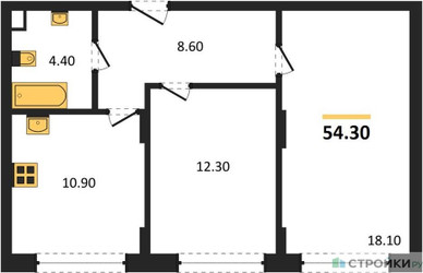 Планировка двухкомнатной(квартира) площадью 54.3 квадратных метров в ЖК “ЖК Переделкино Ближнее”