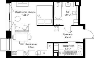 Планировка однокомнатной(квартира) площадью 37.63 квадратных метров в “Архитектурный проект Мыс”