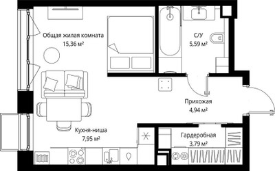 Планировка однокомнатной(квартира) площадью 37.63 квадратных метров в ЖК “Архитектурный проект Мыс”