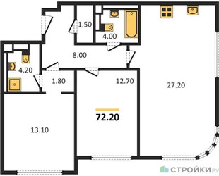 Планировка двухкомнатной(квартира) площадью 72.2 квадратных метров в ЖК “ЖК Нагатино Ай-Лэнд”