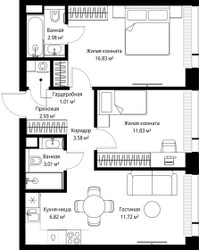 Планировка двухкомнатной(квартира) площадью 60.71 квадратных метров в ЖК “ЖК Веер”