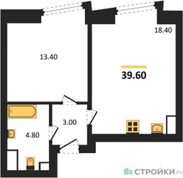 Планировка однокомнатной(квартира) площадью 39.6 квадратных метров в ЖК “ЖК Обручева 30”