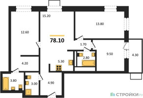 Планировка трехкомнатной(квартира) площадью 78.1 квадратных метров в “ЖК Союзный”