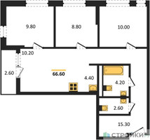Планировка трехкомнатной(квартира) площадью 66.6 квадратных метров в “ЖК Родные кварталы”
