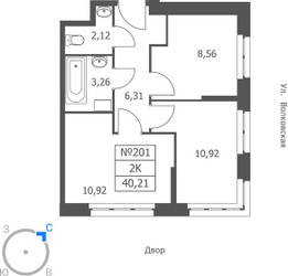 Планировка двухкомнатной(апартаменты) площадью 40.21 квадратных метров в ЖК “ЖК Волковская 67”