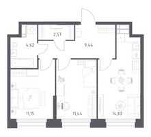 Планировка двухкомнатной(апартаменты) площадью 54.05 квадратных метров в “ЖК Апарт-отель Тропарево парк”