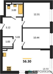 Планировка двухкомнатной(квартира) площадью 56.3 квадратных метров в ЖК “ЖК Квартал Герцена”