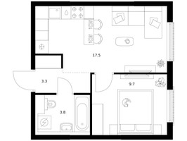 Планировка однокомнатной(квартира) площадью 34.3 квадратных метров в “ЖК Москворечье”