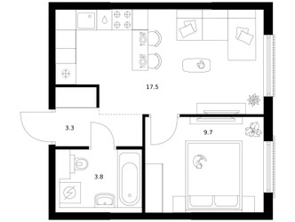 Планировка однокомнатной(квартира) площадью 34.3 квадратных метров в ЖК “ЖК Москворечье”
