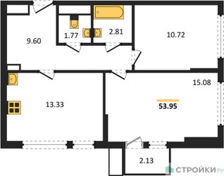 Планировка двухкомнатной(квартира) площадью 53.95 квадратных метров в ЖК “ЖК Остафьево”