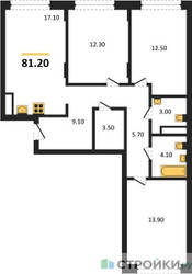 Планировка трехкомнатной(квартира) площадью 81.2 квадратных метров в ЖК “ЖК Переделкино Ближнее”