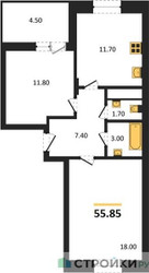 Планировка двухкомнатной(квартира) площадью 55.85 квадратных метров в ЖК “ЖК ВОСТОК II”