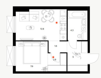 Планировка однокомнатной(квартира) площадью 34.4 квадратных метров в ЖК “ЖК Плеханова 11”
