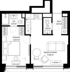Планировка однокомнатной(квартира) площадью 38.85 квадратных метров в ЖК “ЖК Сити Бэй”
