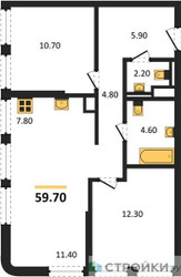 Планировка двухкомнатной(квартира) площадью 63.7 квадратных метров в ЖК “ЖК Sokolniki (Сокольники)”