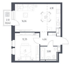 Планировка однокомнатной(квартира) площадью 43.77 квадратных метров в ЖК “ЖК Большое Путилково”