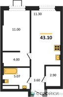 Планировка однокомнатной(квартира) площадью 43.1 квадратных метров в “ЖК Новые смыслы”