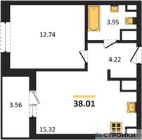 Планировка однокомнатной(квартира) площадью 38.01 квадратных метров в “ЖК Светлый мир Станция Л”