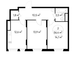 Планировка двухкомнатной(квартира) площадью 56.4 квадратных метров в “ЖК Переделкино Ближнее”