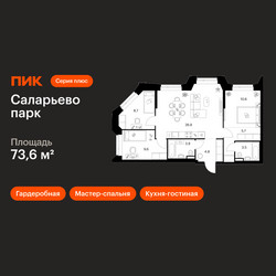 Планировка трехкомнатной(квартира) площадью 73.6 квадратных метров в ЖК “ЖК Саларьево парк”