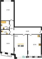 Планировка трехкомнатной(квартира) площадью 97.8 квадратных метров в “ЖК Эльйон”