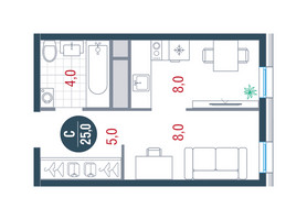 Планировка студии(квартира) площадью 25 квадратных метров в “ЖК РУСИЧ-Кантемировский”