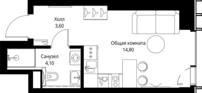 Планировка студии(квартира) площадью 22.5 квадратных метров в ЖК “ЖК Веер”